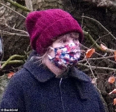 Staying Safe: Taylor wore a red, white, and purple plaid mask