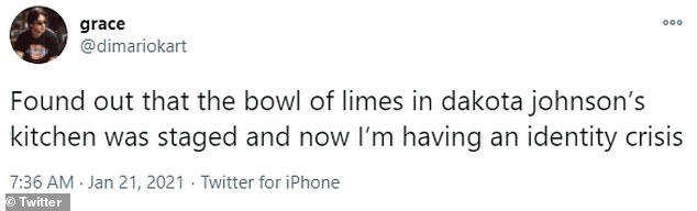 One Twitter user wrote: `` I found out that the bowl of limes in Dakota Johnson's kitchen was staged and I am now facing an identity crisis.